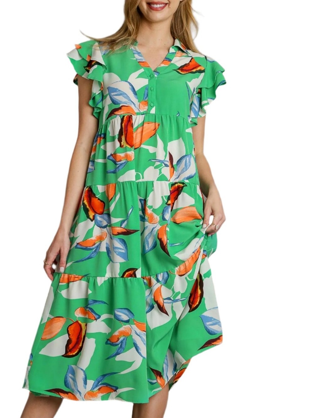 Umgee Green ruffle midi dress s/m/l